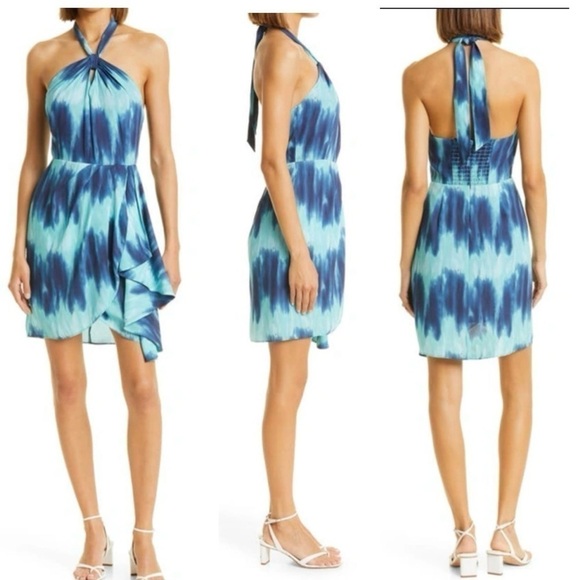 TOCCIN Pleated Faux Wrap Blue Ombre Tye Dye Sarong Halter Mini Dress Size 4 NEW - Picture 1 of 10